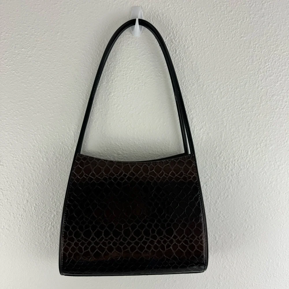 Vintage 90s Black Dark Brown Shiny Faux Leather Croc Embossed Shoulder Bag